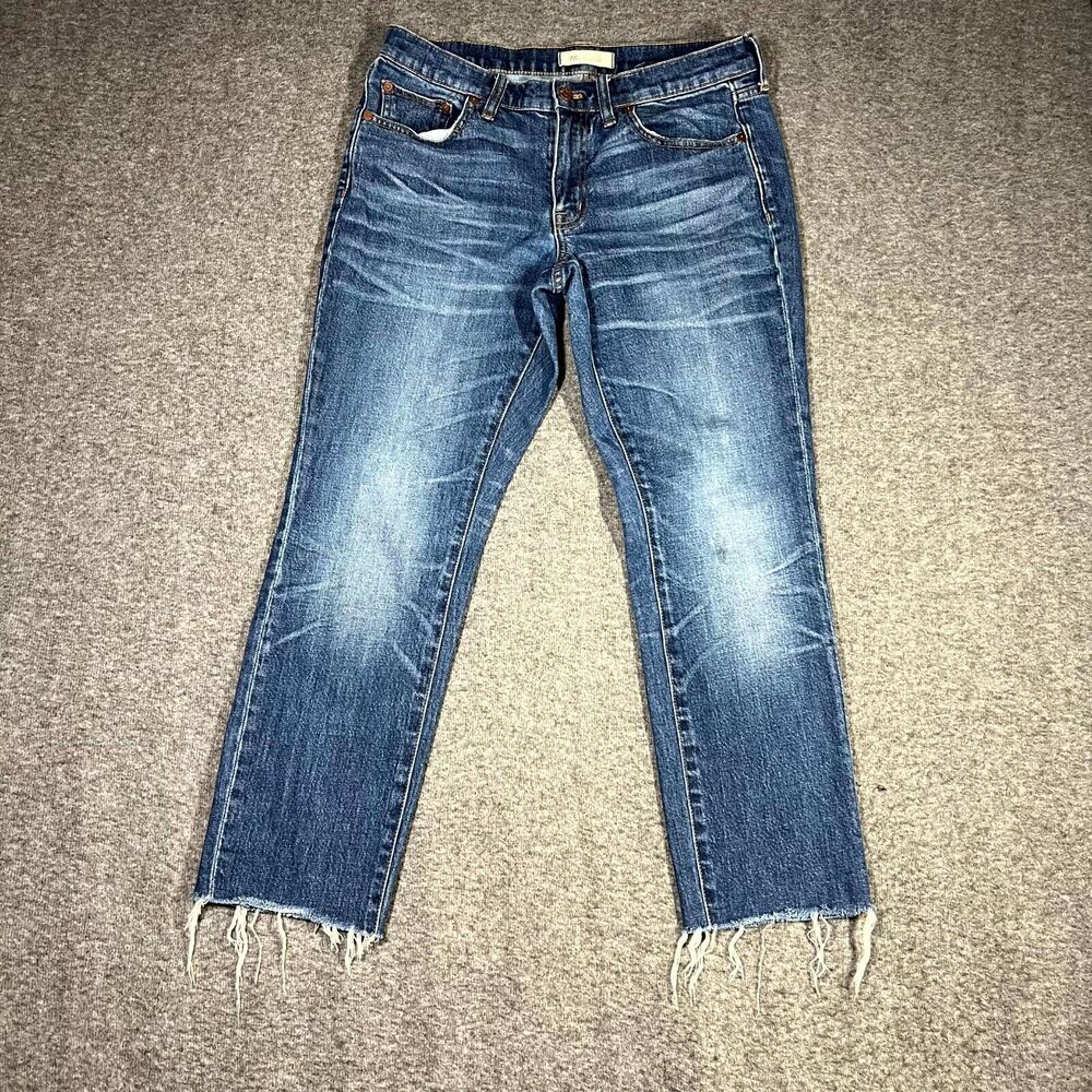 Madewell Slim Boyjean Mid-Rise size 27 blue straight leg Raw Hem Mom Preppy
